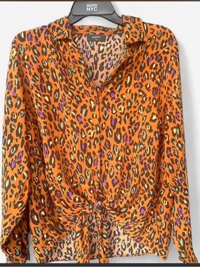 Papaya Orange Leopard Print Tie-Front Shirt with Purple Accents